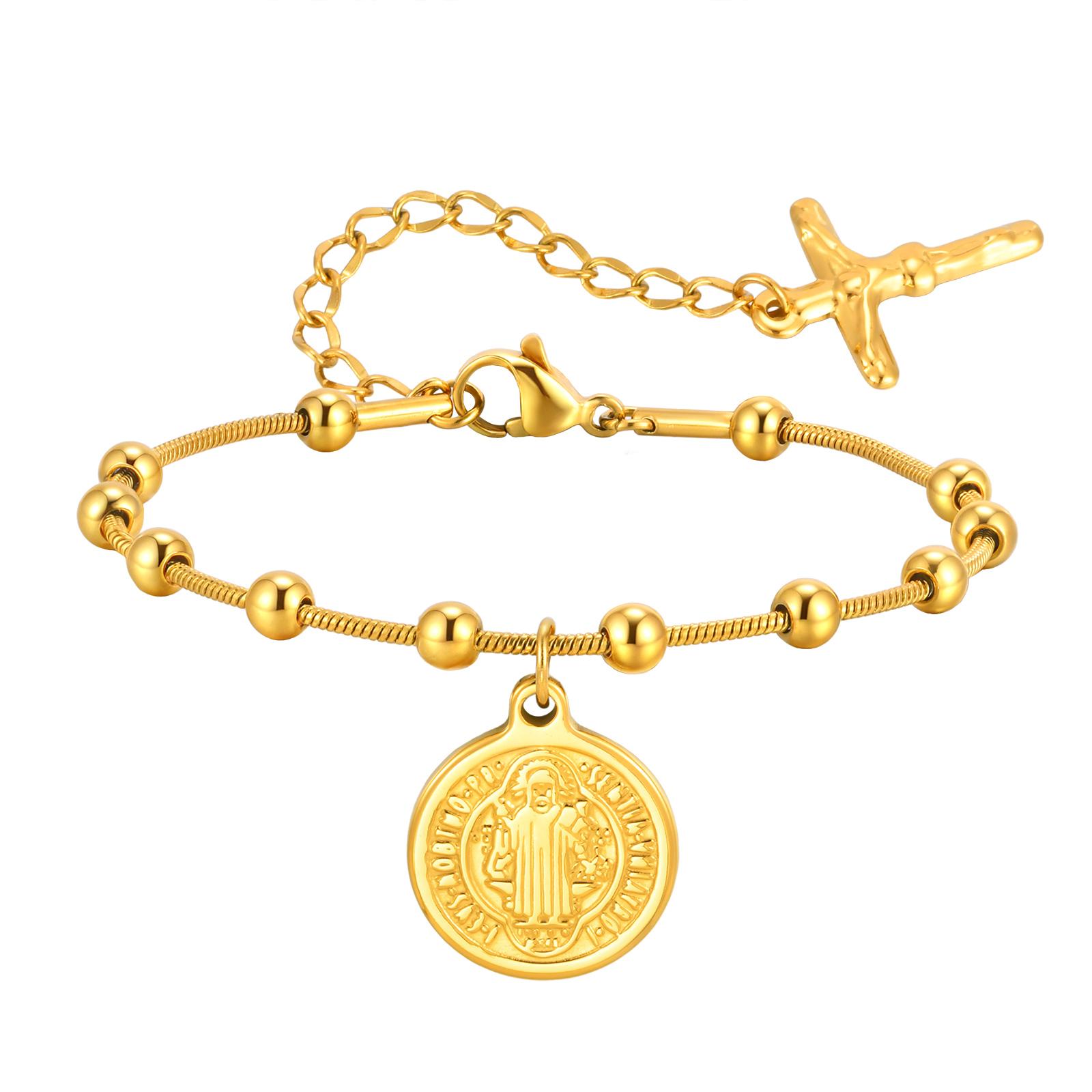 

Stainless Steel St. Benedict Medal Beaded Chain Bracelet Gold Plated Religious Cross Catholic Jewelry Non Tarnish Baptism Gift