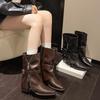 Medium boots thick heel thin trousers autumn British style short boots women's big tube circumference belt buckle pointed head high heel no