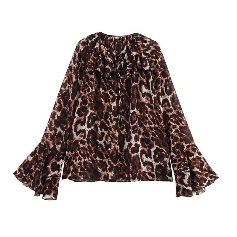 

Kaslead New Women clothes Western Style Fashion Leopard Print Print Lace-up Chiffon Long sleeve Shirts Top Leopard print L