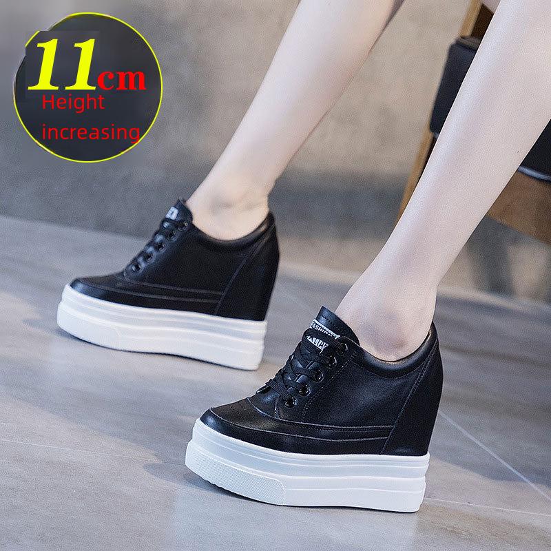 2025 Spring/Autumn Breathable Women's 11cm Height-Increasing Hollow Leather Thick-Soled Casual Black Shoes