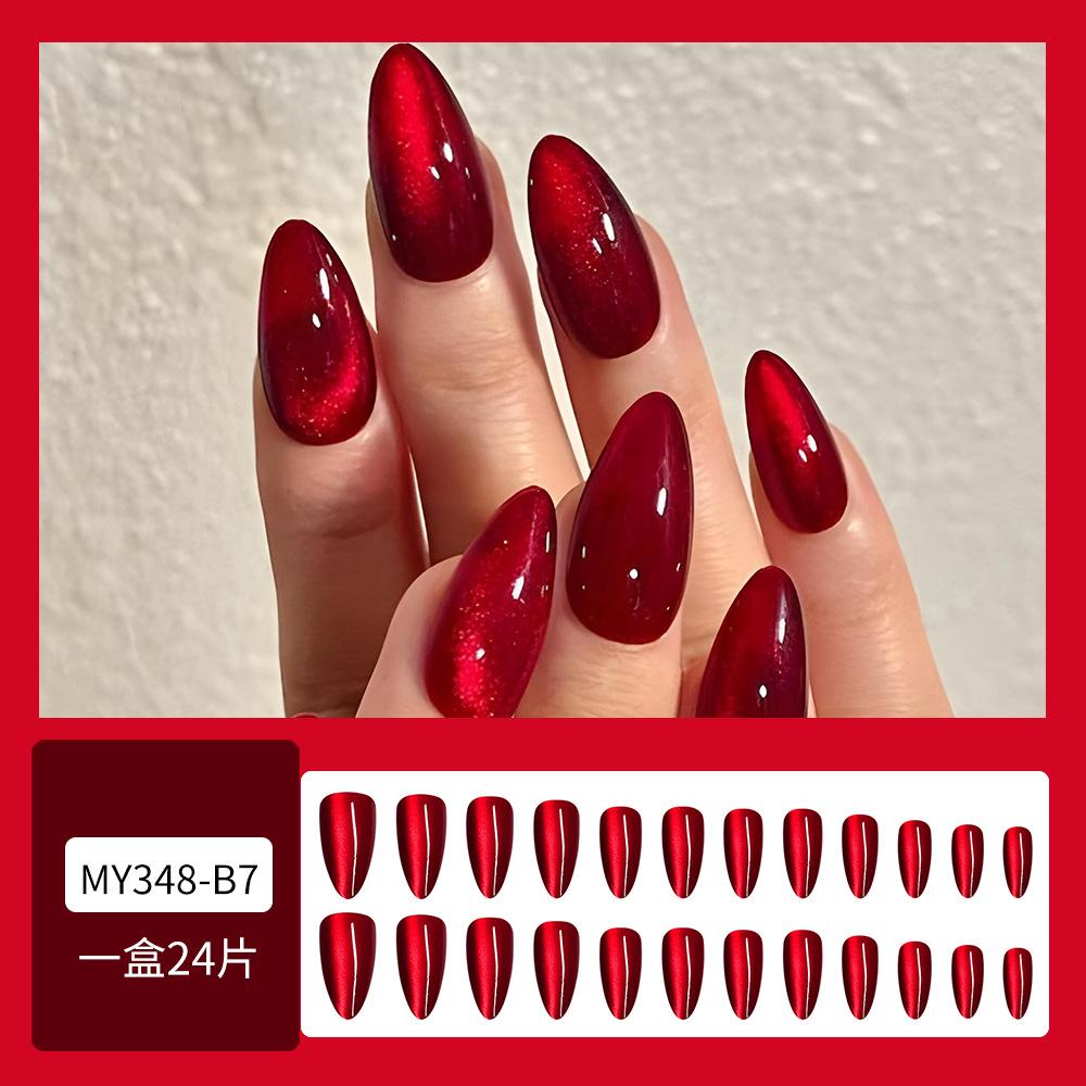 24pcs Glossy Red Cat's Eye Press On Nails Full Cover Nude Wearable Almond False Nails Charms Detachable Fake Nail For Girl