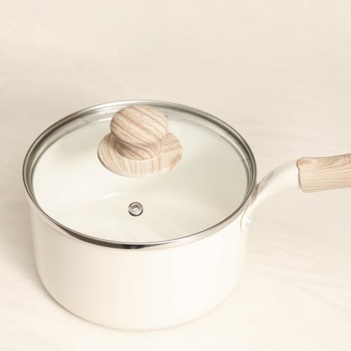 Pearl Metal Ceramill HC-870, 18cm Deep Saucepan with Ceramic Interior, Induction and Gas Compatible, Glass Lid, PFOA-Free, PTFE-Free, Metal Spatula Co