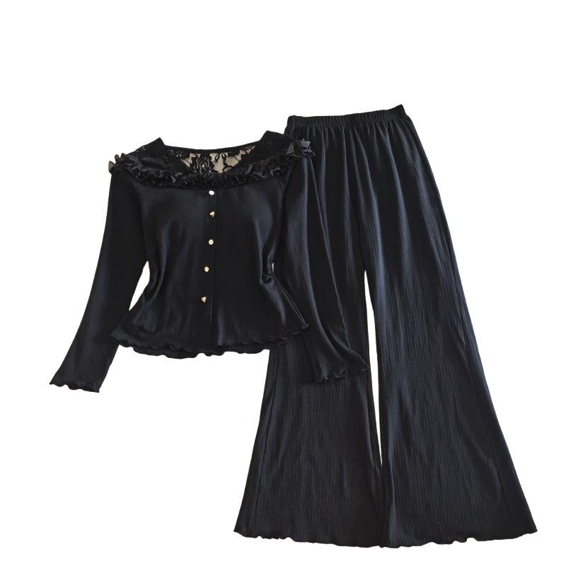 Dampyjamas med spetskant och bröstkuddar - Långärmad, Långa byxor för Vår, Höst, Vinter