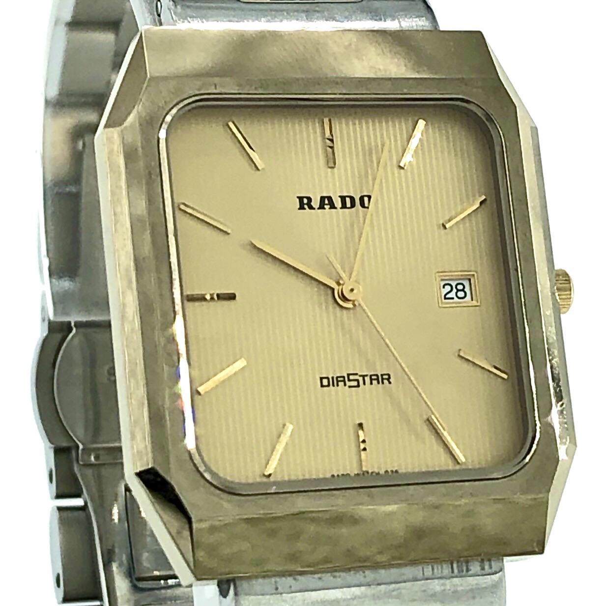 RADO DIASTAR Винтаж 129.9540.3 Кварцевые QZ Квадратные Золотой Шампанское Золотой Циферблат Дата Сапфировое Стекло Мужские Часы ВОДОНЕПРОНИЦАЕМЫЕ 3 Стрелки Новый Ремешок