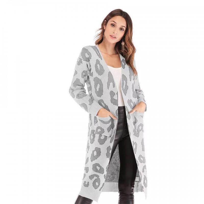 Womens Oversized Leopard Print Knit Cardigan Long Sleeve V-Neck Loose Fit Sweater Winter