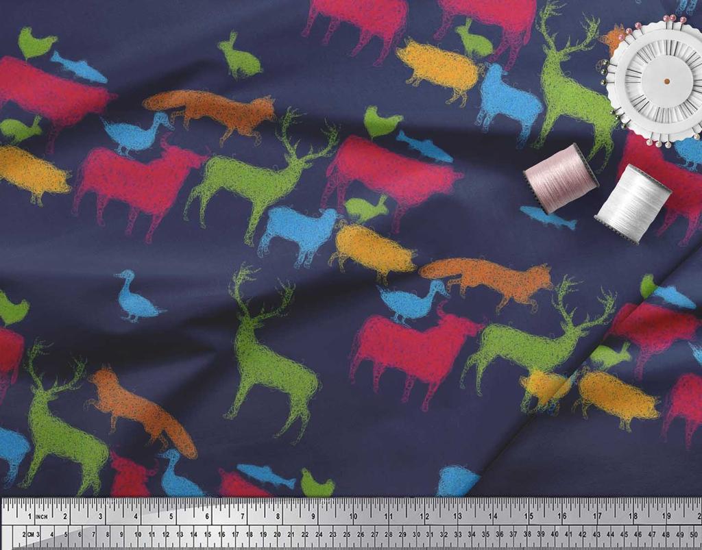 Soimoi Japan Crepe Satin Fabric Birds & Animals Hand Drawn Print Fabric by Metre 42 Inch