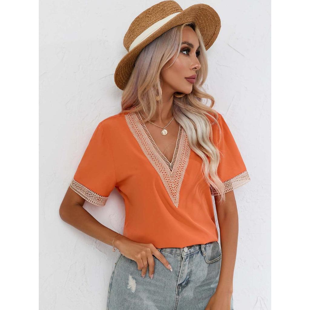 Summer Women's Lace Trim V-neck Short Sleeve T-shirt, European American Style Casual Tops For Women