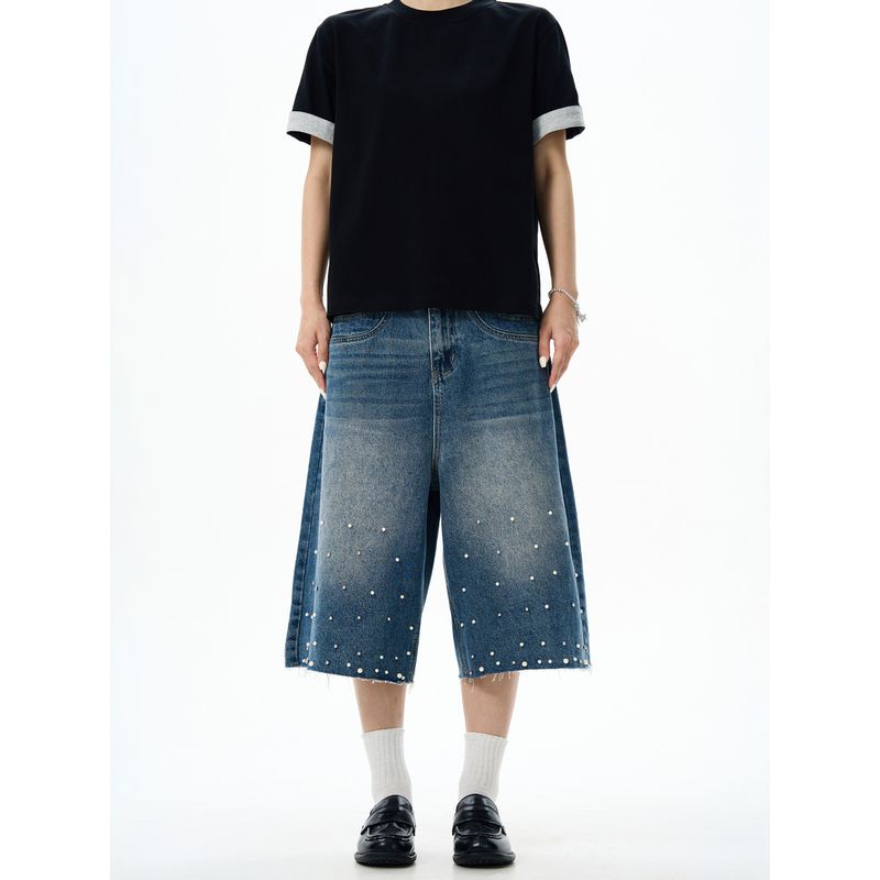Summer American-Style Beaded Washed Distressed Raw Hem Denim Shorts for Men and Women, Loose Straight-Leg Mid-Length Pants with a Sense of Design