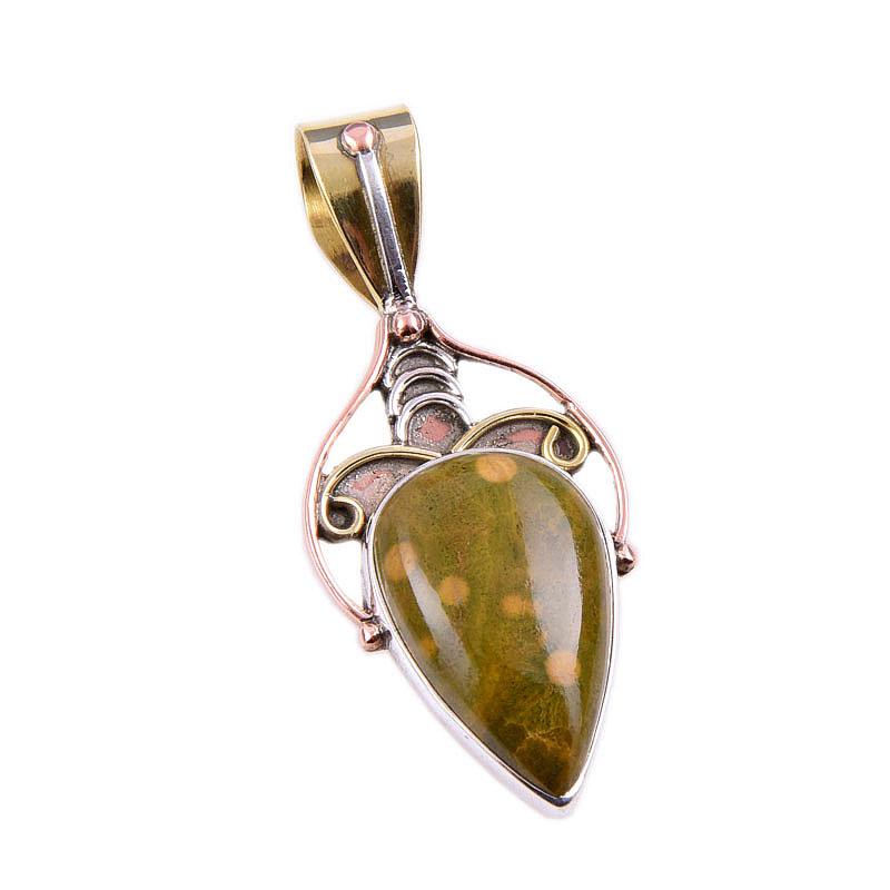 Natural Ocean Jasper 925 Solid Sterling Silver Jewelry TwoTone Pendant 1.5" n5V94