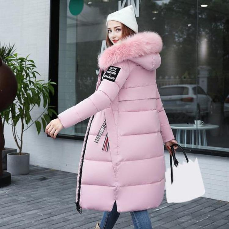 Winter Women Parka Cotton Jacket Windproof Padded Coat Zip Up Long Sleeves Furry Hood Heat Retention Knee Length Solid Color Outwear with Pockets