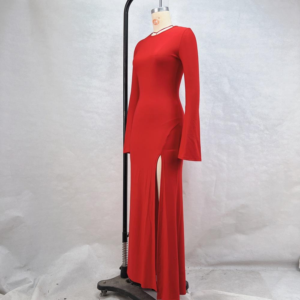 Damen Herbst und Winter Schlankes Temperament Langarm Split Sexy Lange Kleider