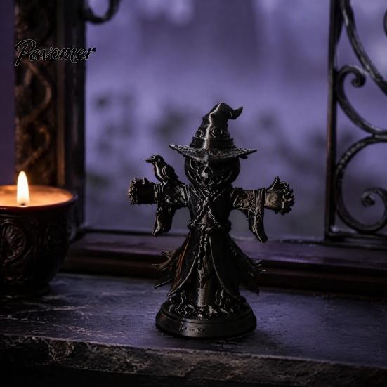 Gruseliges Haus Thema Zubehör Halloween Vogelscheuche Krähe Statue, 3D Gedruckter Kürbiskopf mit Gruseliger Kaminregal Akzent Krähe, Spukhaus