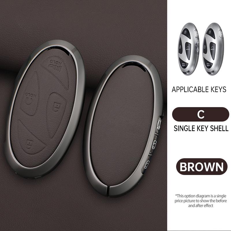 Coque de protection en alliage de zinc + cuir pour clé de voiture à 5 7 boutons Pour Hyundai Kona Ev Grandeur Gn7 Ioniq 6 Accessoires gray