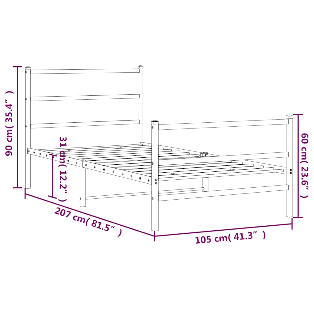 Metal Bed Frame with Headboard and Footboard White 100 x 200 cm