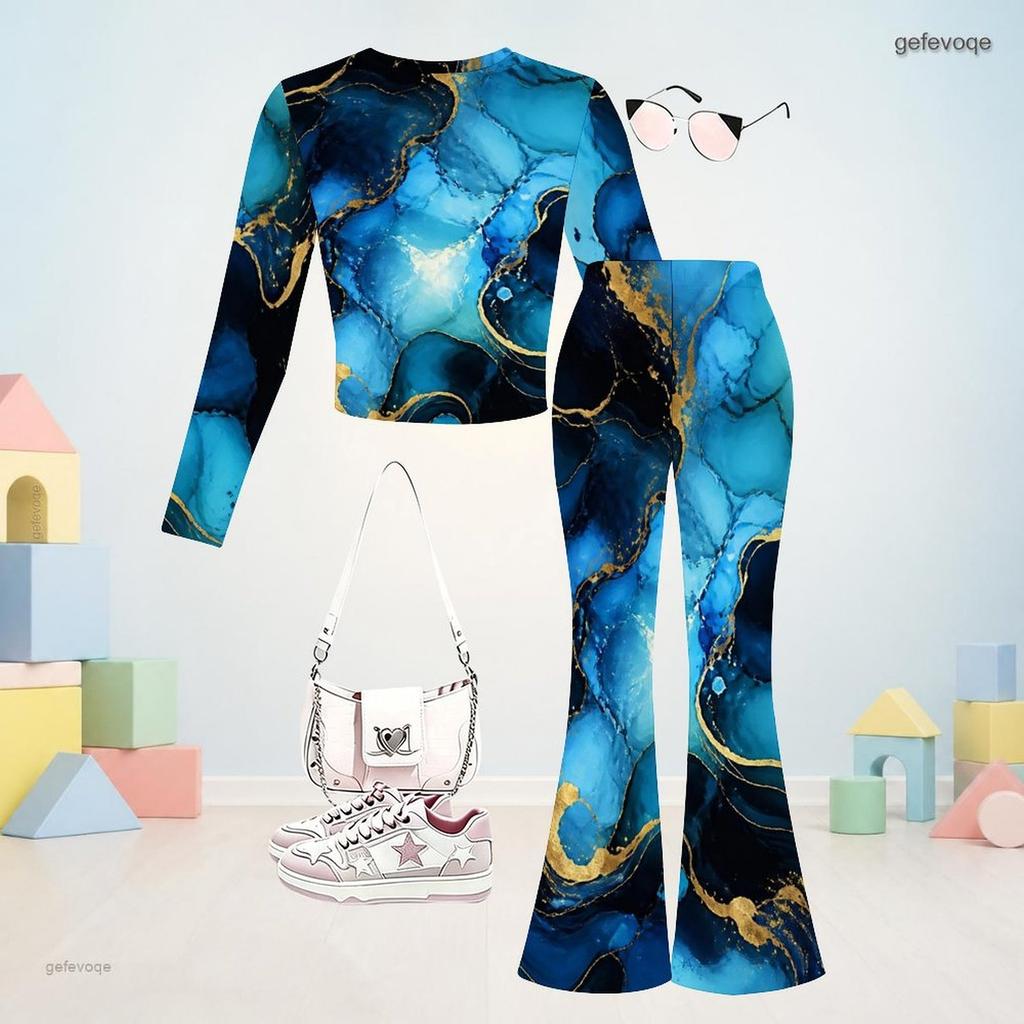 Girls Round Neck Long Sleeve Blue Printed Top And Flared Pants Two Piece Set