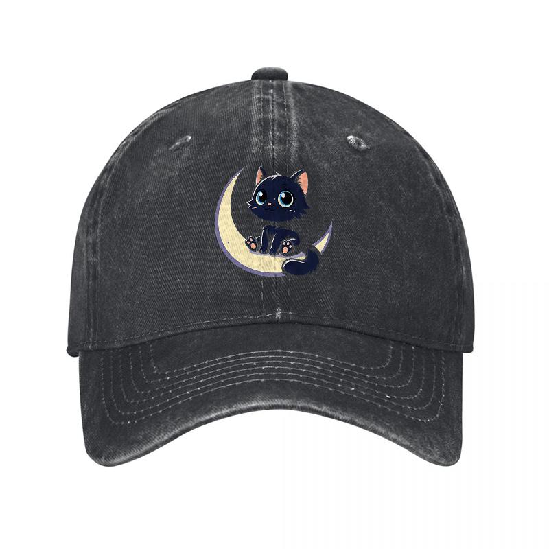 Black Cat on Moon Embroidered Washed Canvas Baseball Cap Unisex Adjustable Dad Hat Streetwear Fashion