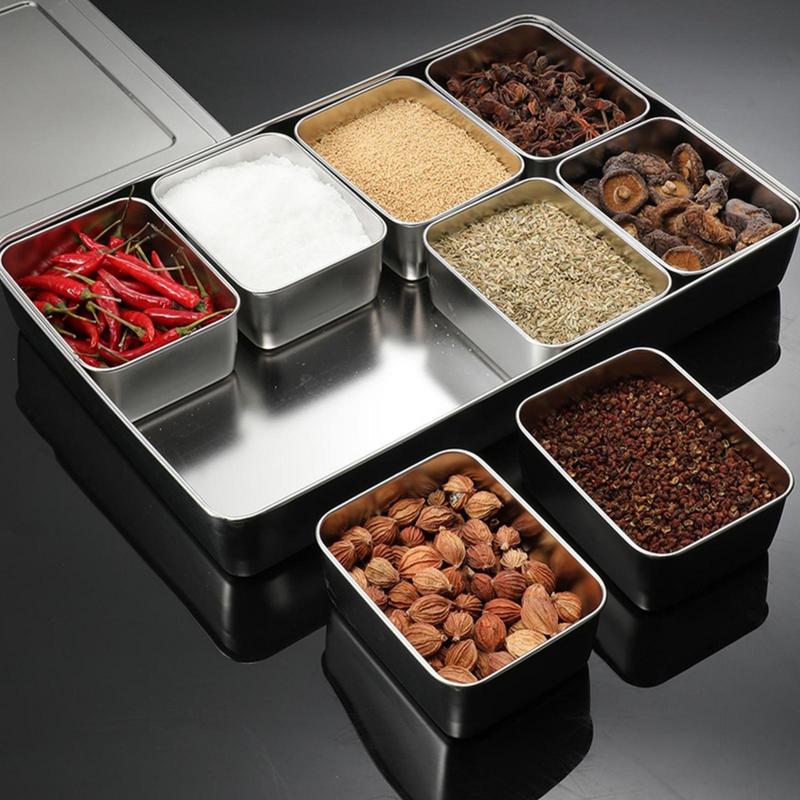 Multi Grid Seasoning Box Multi-Compartment Condiment Stainless Steel Box Rectangle Seasoning Box With Lid Holder Tray Divided