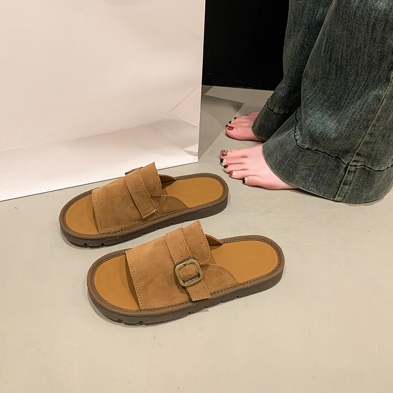 Fashion 2025Women's Flat Sandals Summer New Style Round Head Open Toe Cow Suede Metal Buckle Soft Sole Anti-slip Wear-resistant Slippers
