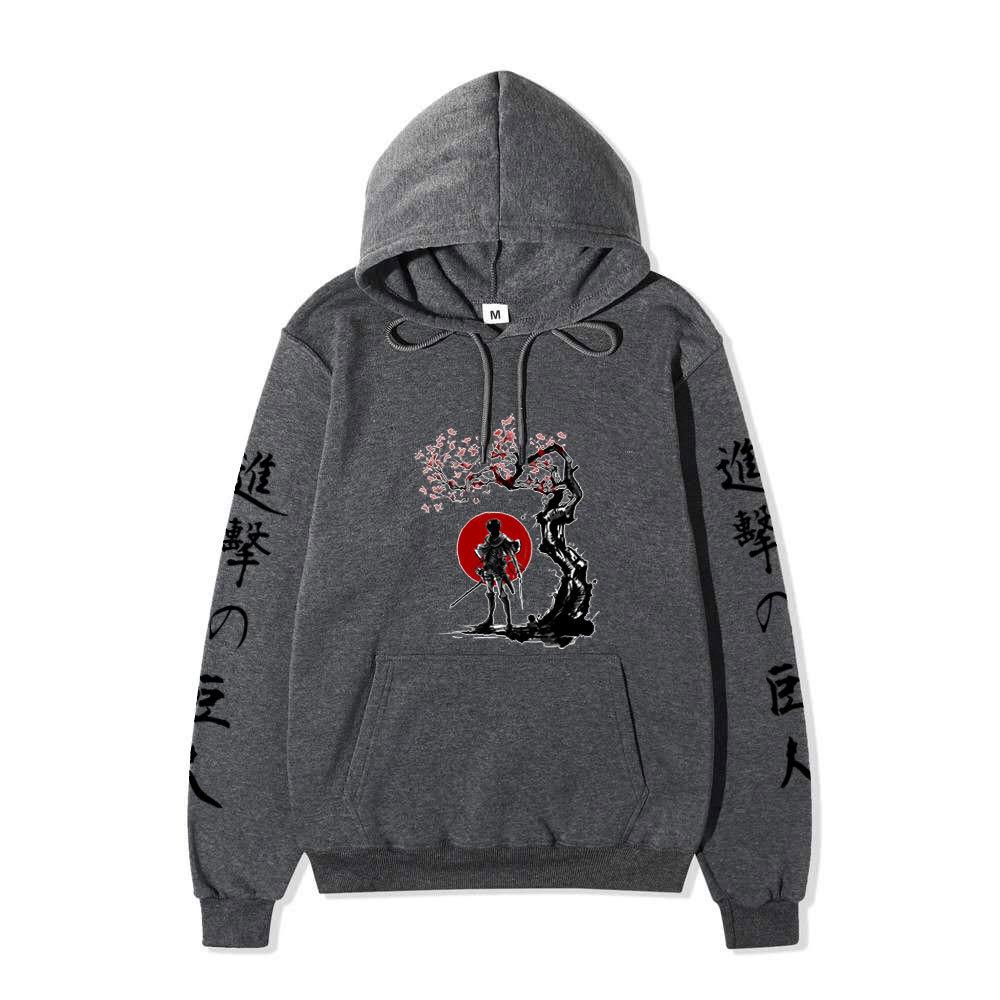Attack On Titan Samurai Sakura Sun Design Unisex Fleece Hoodie Vertical Japanese Kanji Sleeve Anime Long Sleeve Pullover Sweatshirt