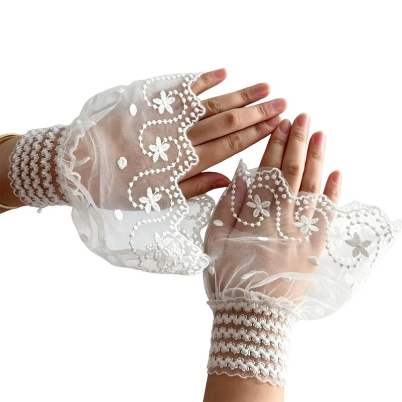 Sheer Embroidered Fingerless Wrist Cuffs Pair for Women, Lace Sleeves with Flared Cuff for Weddings and Photo Styling Use