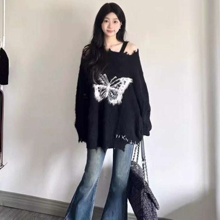 

Japanese bow lazy wind loose sweater women s autumn and winter new design sense hole knitting one size fits all чорний