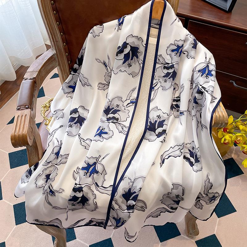 Luxury Brand 100% Real Silk Scarf Women Designer Shawls and Wraps Elegant Floral Print Pashmina Soft Long Scarves Femme Hijab