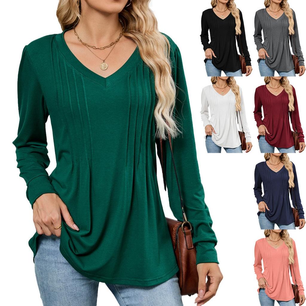 Fall Winter New Solid Color V-neck Striped Loose Long Sleeve T-shirt Top For Women, Amazon Cross-border European American Women's Clothing