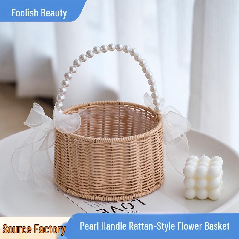 Imitation Rattan Pearl Handheld Flower & Fruit Basket