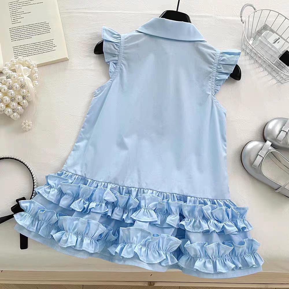 Girls Summer Flutter Sleeve Shirt Dress Fashion Bow Single Breasted Lace Trim Princess Sleeveless Dress