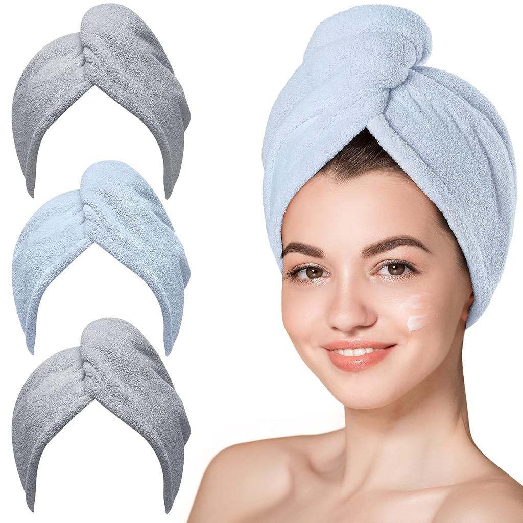Microfiber Hair Towel, 3 Packs Hair Turbans for Wet Hair, Drying Hair Wrap Towels for Curly Hair Women Anti Frizz (Blue,Grey,Pink)