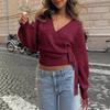 Elegantní úpletový svetr s véčkovým výstřihem a zavazováním pro ženy - Podzim a zima