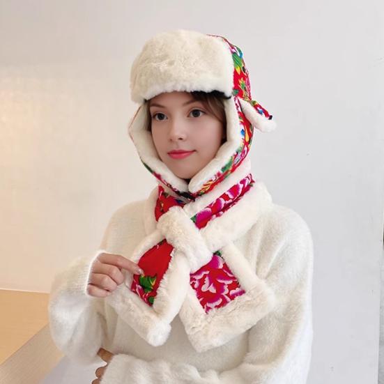 Lei Feng Hat Floral Pattern Thickened Plush Lining Northeastern Hat with Wide Brim Earmuffs Winter Outdoor Headwear