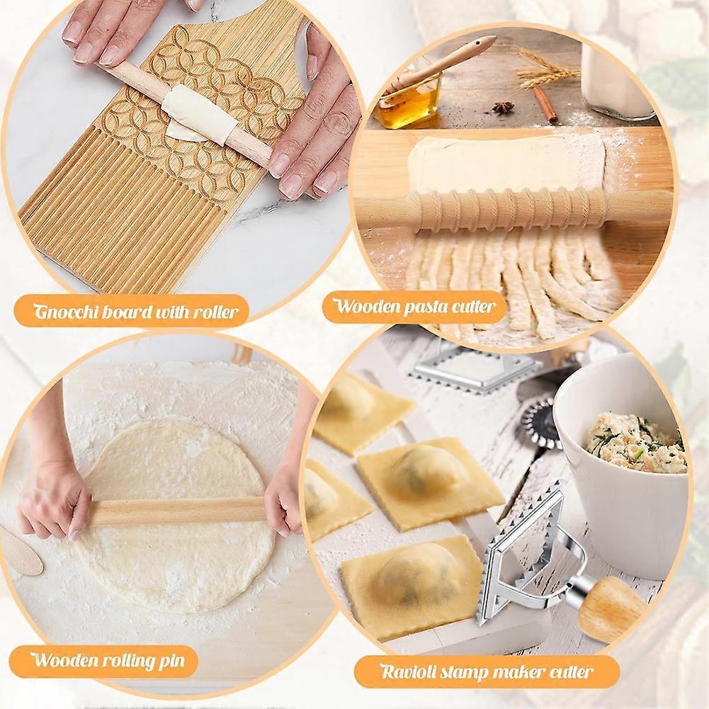 7-Piece Gnocchi Pasta Making Tools, Wooden Pasta Board with Ravioli Stamp and Rolling Pin Set, for Homemade Pasta