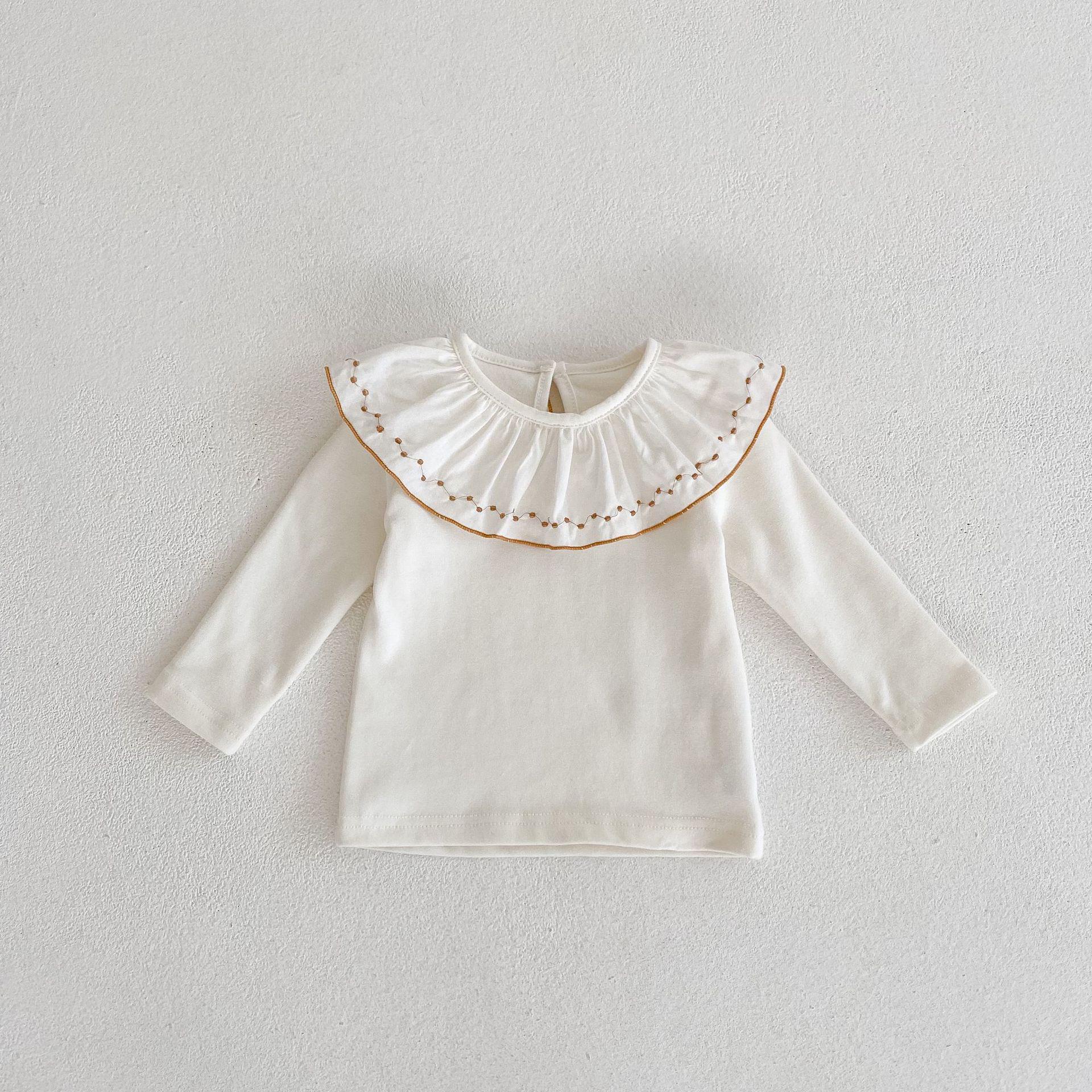 

Футболка белая с вышитым воротником в виде листьев лотоса для девочек, осень 2024 г. 73 cm грязно-белый