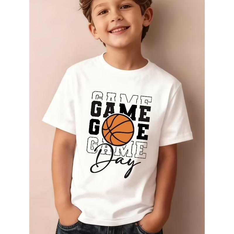 Boys Summer Crewneck Short Sleeve Tee,  GAME DAY  Basketball Cartoon Print Outdoor Casual Top 110 белый
