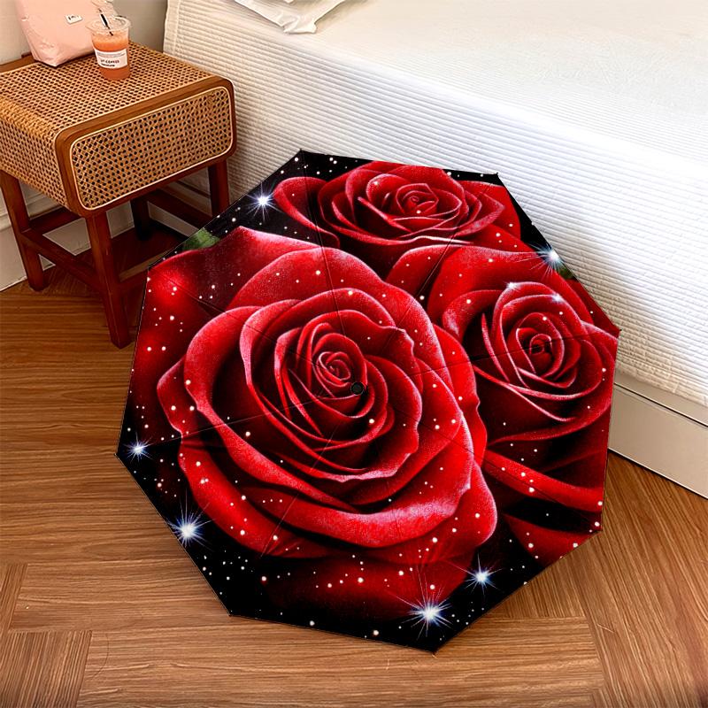 1 PC Automatic Folding Umbrella - Red Roses Pattern, Portable & Foldable Design with 8 Ribs, Christmas Birthday Gifts