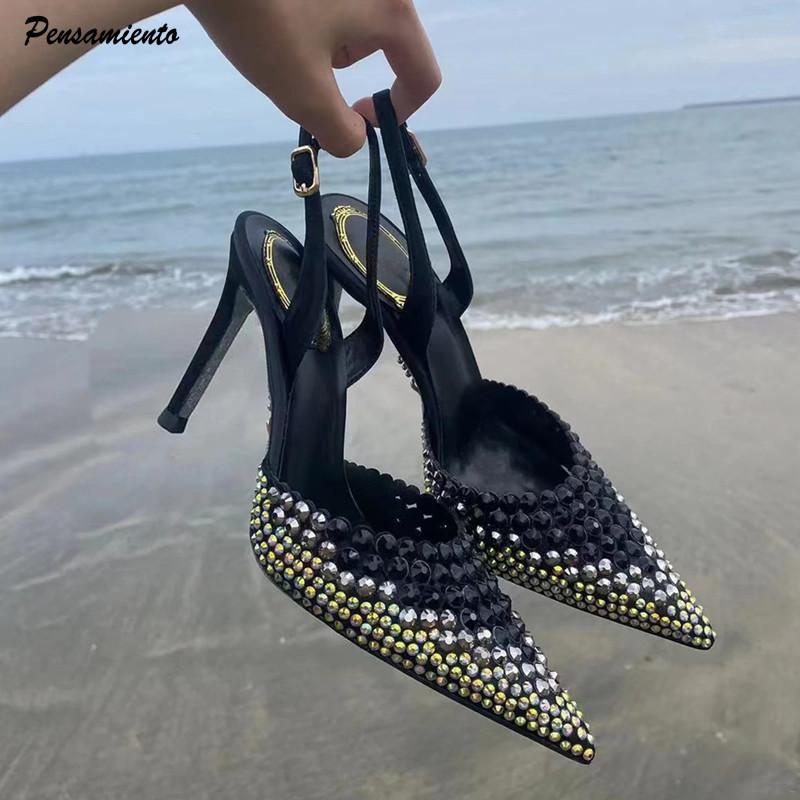 Fashion Luxury Rhinestones Gradient Slingbacks Women Pumps Fashion Bling Crystal Banquet Stiletto High Heels Fashion Party Prom Shoes