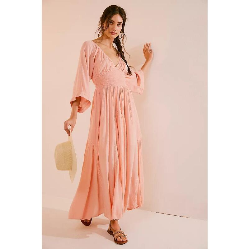 Women's New V-neck Mid-length Sleeve Holiday Beach Dress Slim Fashion Versatile Casual Solid Colour Dresses