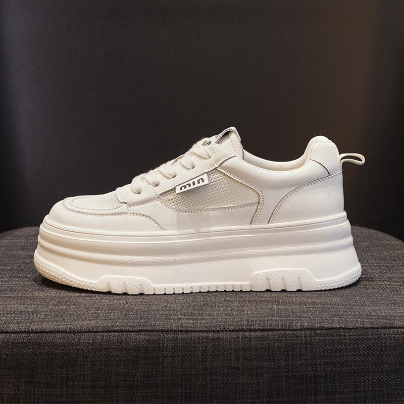 Leather Mesh White Shoes Women's 2025 Summer New Versatile Lightweight Inner Height Increase Women's Shoes Breathable Casual Shoes Board Shoes