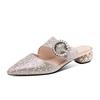 Pearl Rhinestone Baotou Flat Heel Cool Slippers Women's Summer Wear Fashion Medium Heel 2025 New Thick Heel Half Slippers