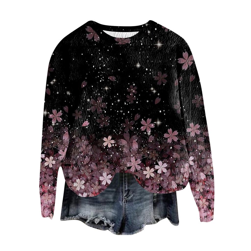 Women's Fashion Round Neck Pullover Top Long Sleeve Tee Printed Sweatshirt
