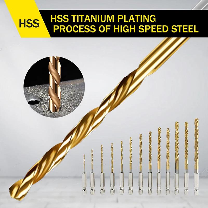 13PCS Hexagonal Handle Titanium Twists Drill 1.5-6.5mm Electric Drill Screwdriver Drilling Reaming Drill Tool Spiral Drill Bit
