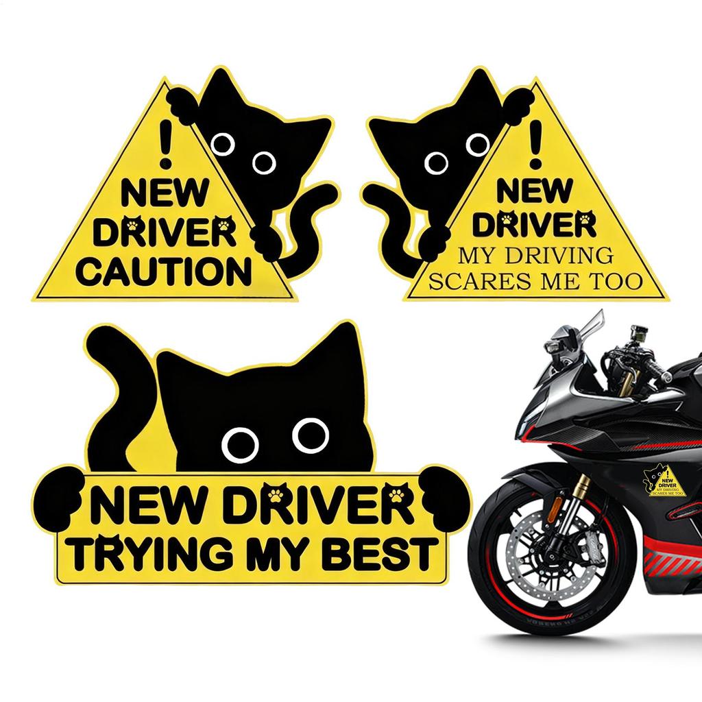 New Driver Sticker 3 Pieces Black Cat Automotive Decal Auto Body Decals Safety Sign for Car Vehicle Bumper for Drivers Trips