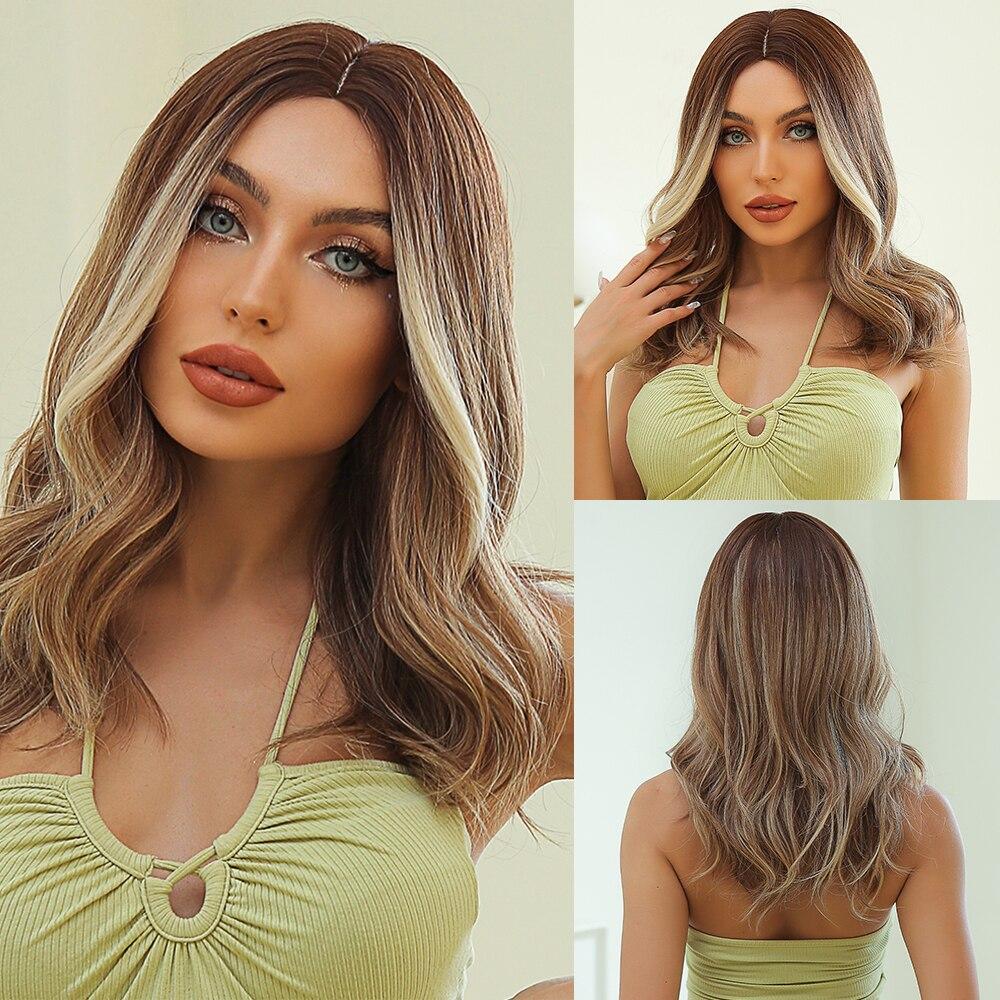ALAN EATON Long Ombre Brown Synthetic Wig Brown Highlight Middle Part Hair Wig for Women Daily Use Natural Heat Resistant Fiber