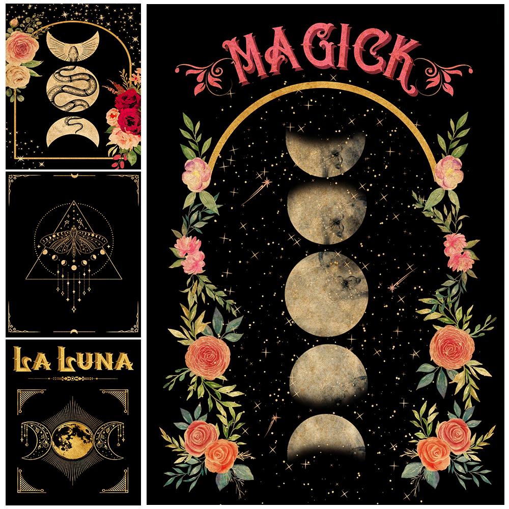 

Черно-желтый принт с фазой луны, плакат с изображением змеи и цветка, плакат с ведьмой, настенная живопись на холсте