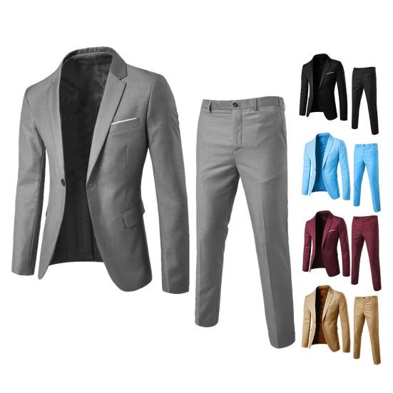 2 Adet/Takım Erkek Slim Fit Takım Elbise Yaka Uzun Kollu Tek Düğmeli Takım Elbise Ceket Orta Bel Uzun Pantolon Takımı Düz Renk İş Kıyafeti
