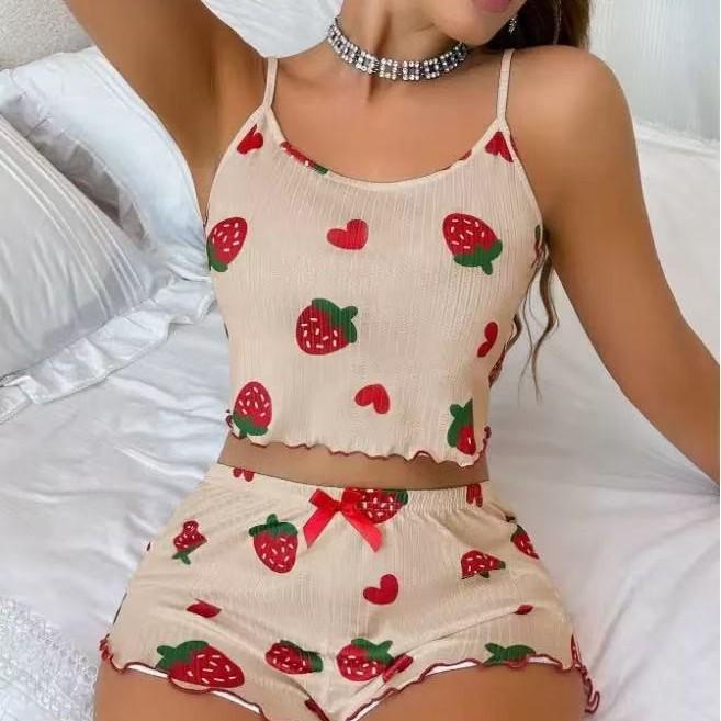 Heart Print Spaghetti Strap Knit Pajama Set – Women's Casual European & American Style Homewear, Wearable Outdoors