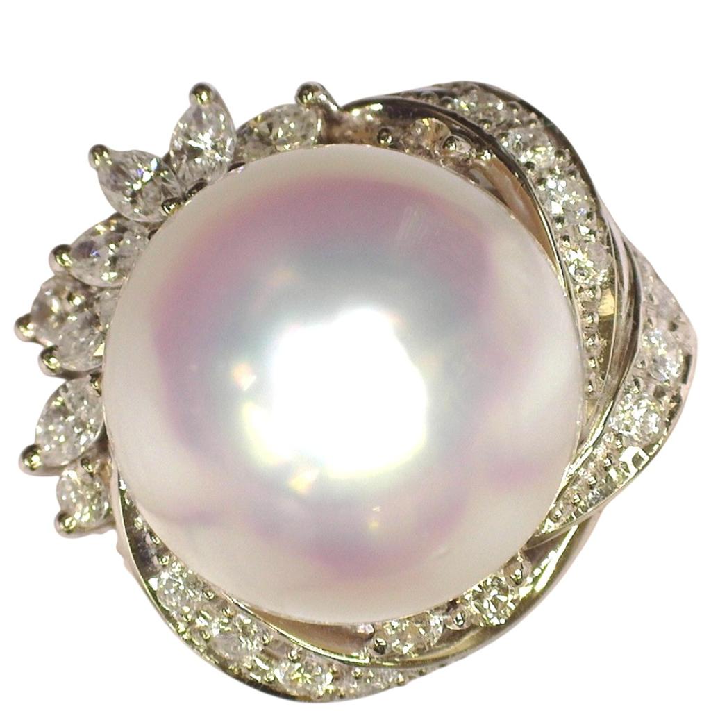 South Sea Pearl White Butterfly Farming Ring Pearl Silverx Pink Women XQ8194 Used