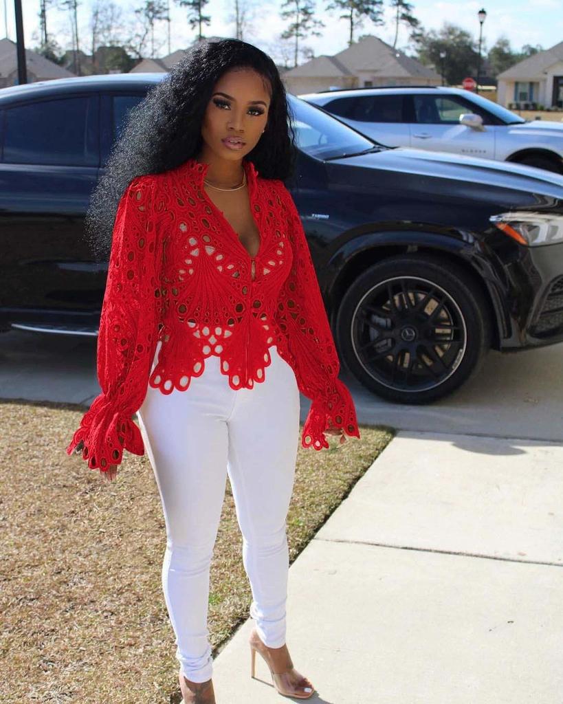 Women’s Sexy Ruffle Long Sleeve Summer Lace Tops 2026 Puff Flare Shirt V Neck Hollow Out Button Down Tunic Blouses
