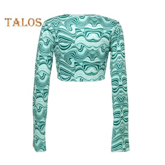 3 Pcs/Set Women Stage Performance Suit V Neck Lace-up Long Sleeves Cropped Top High Waist Flared Hem Trousers Printed Headband Retro Disco Party